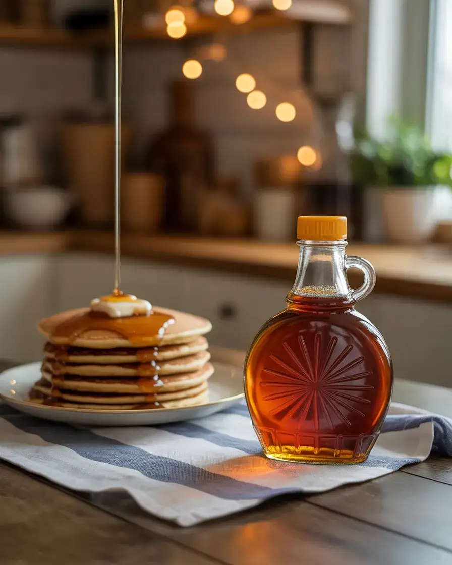Amber maple syrup pouring over a stack of pancakes in a cozy farmhouse kitchen