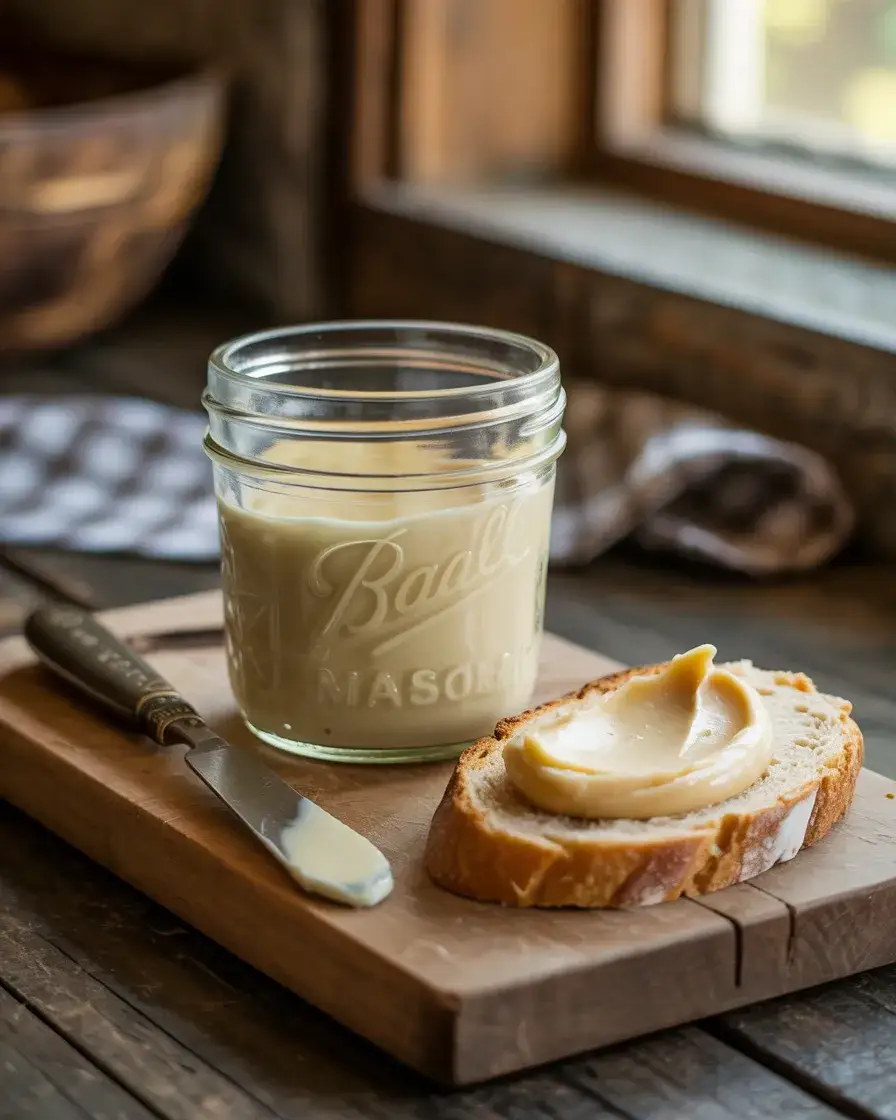 Jar of maple cream spread on fresh bread on a wooden cutting board