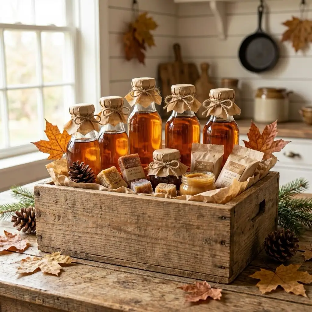 Rustic wooden gift crate filled with maple syrup bottles and maple products