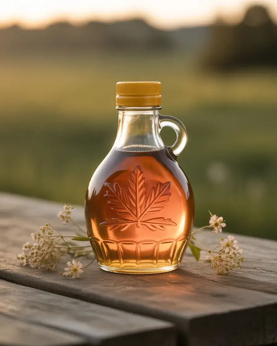 Bottle of light golden maple syrup on a rustic wooden surface with wildflowers