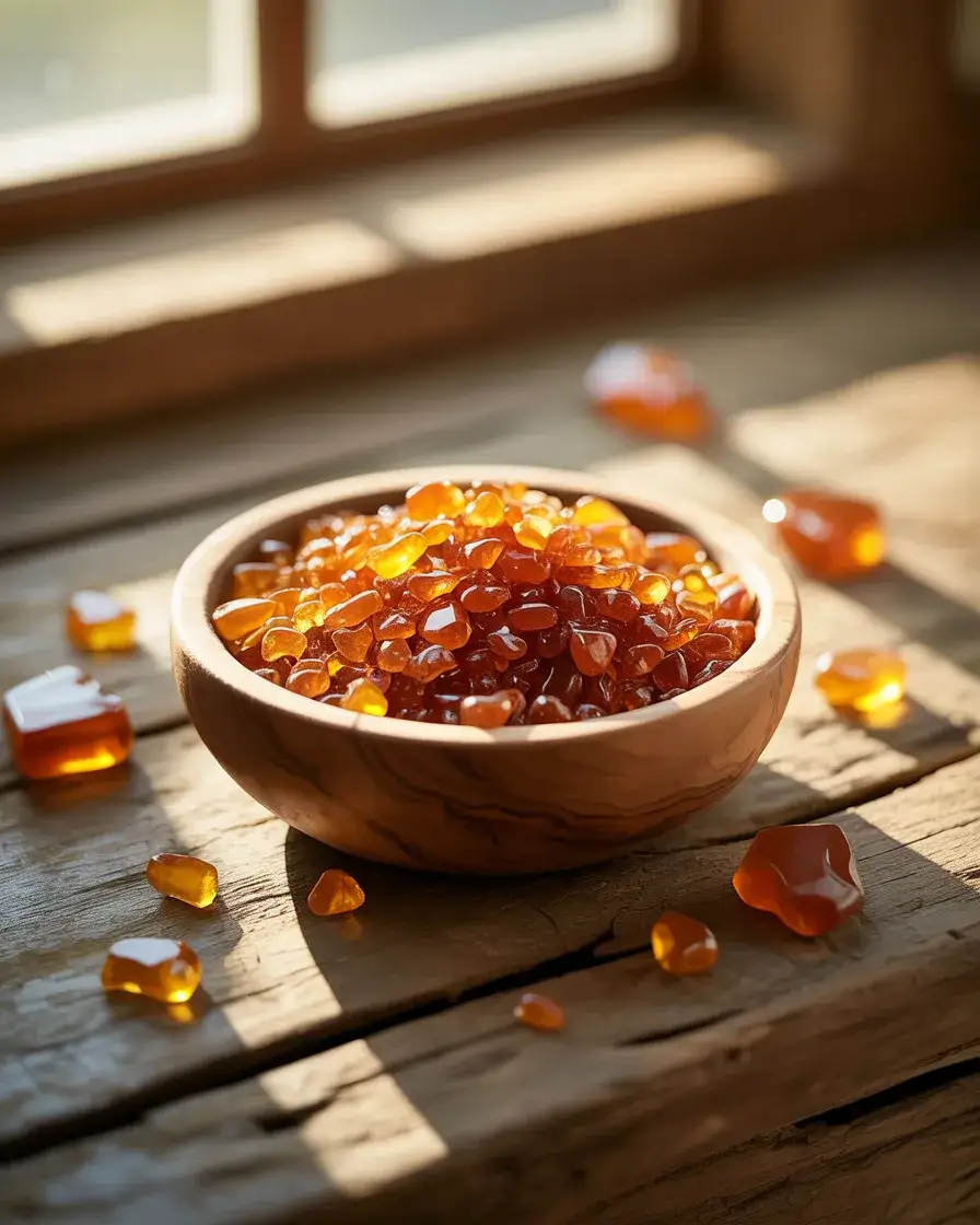 Wooden bowl filled with golden maple sugar crystals in warm light